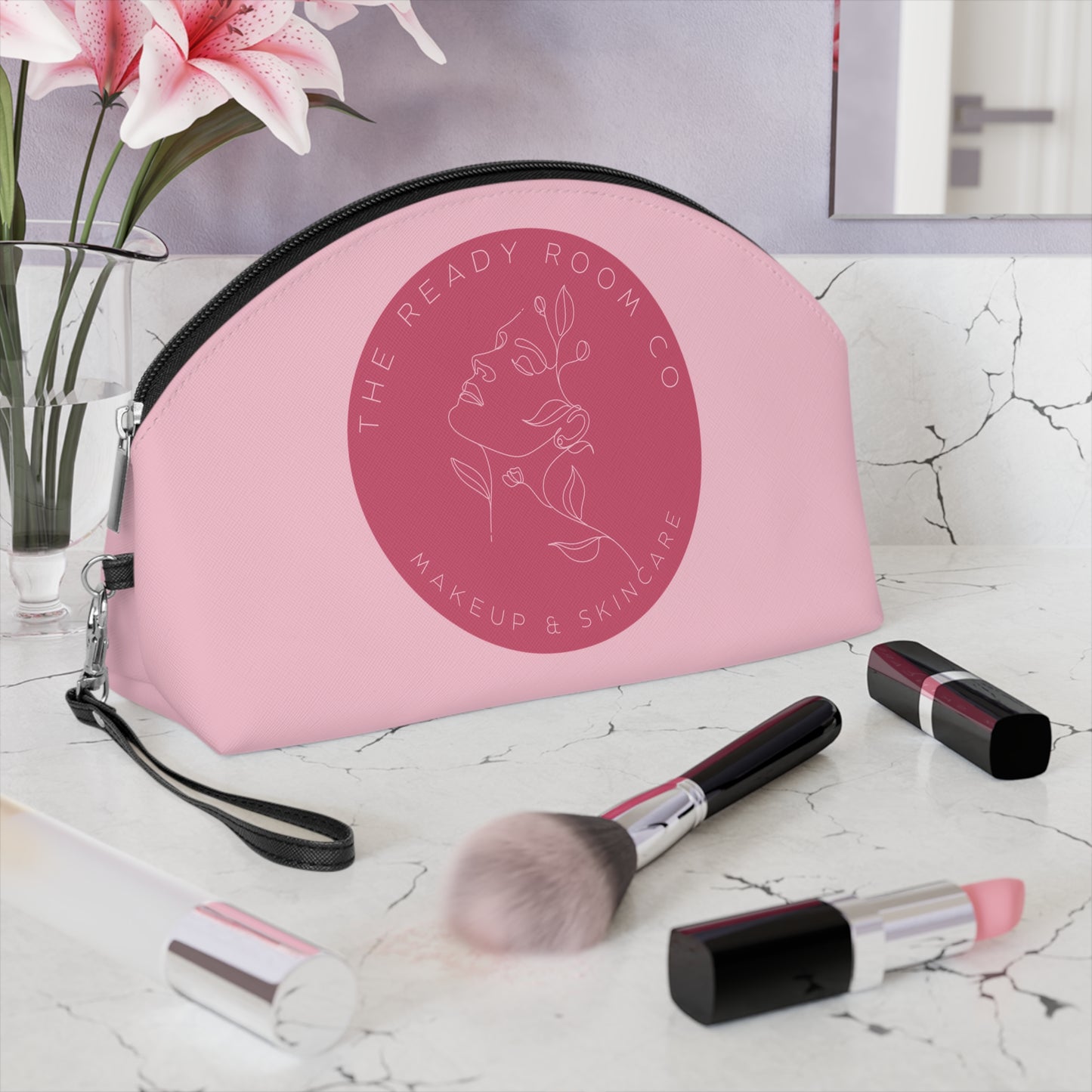 Makeup Bag — Pink Cosmetic Pouch with 'The Ready Room Co' Logo
